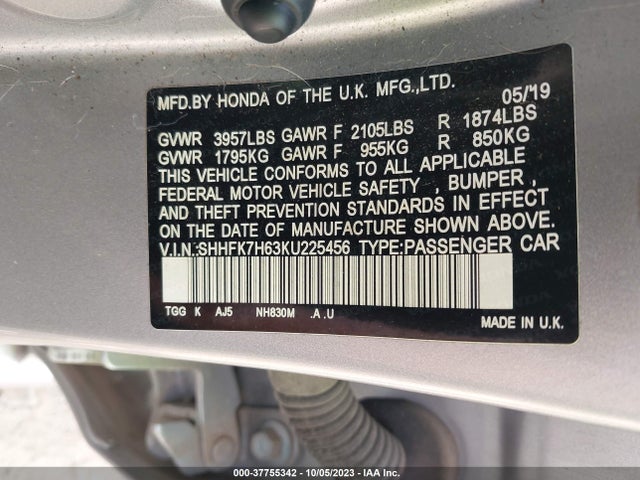 Honda Civic Hatchback Ex 2019 SHHFK7H63KU225456 Image 9
