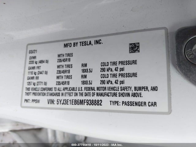 5YJ3E1EB6MF938882 Tesla Model 3 Long Range