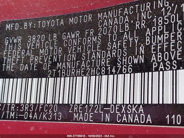 2017 TOYOTA COROLLA L/LE/XLE/SE VIN: 2T1BURHE2HC814766