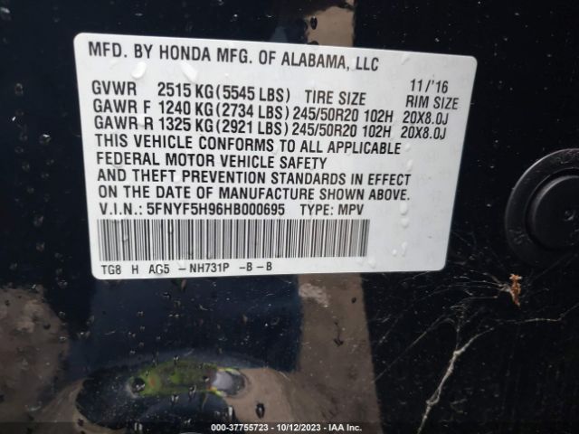 5FNYF5H96HB000695 Honda Pilot Touring