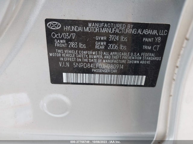 2018 HYUNDAI ELANTRA SEL VIN: 5NPD84LF0JH280914