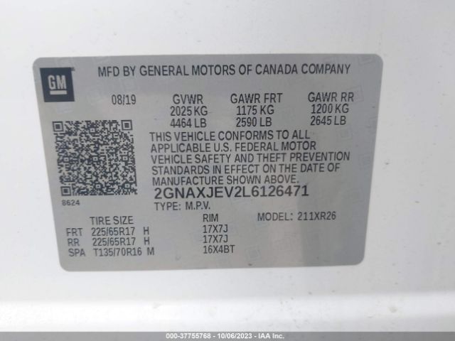 2020 CHEVROLET EQUINOX 2GNAXJEV2L6126471 Photo 8