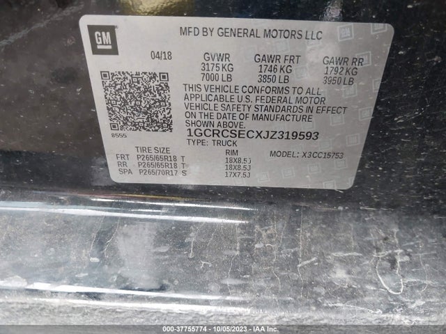 2018 CHEVROLET SILVERADO 1500 1LZ VIN: 1GCRCSECXJZ319593