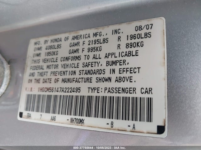 2007 HONDA ACCORD 2.4 VP VIN: 1HGCM56147A222495