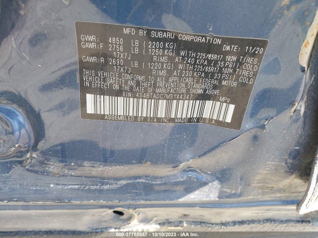 2021 SUBARU OUTBACK PREMIUM VIN: 4S4BTADC7M3144347