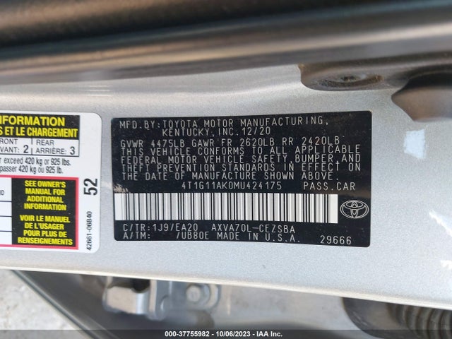 37755982 :رقم المزاد ، 4T1G11AK0MU424175 vin ، 2021 Toyota Camry Se مزاد بيع