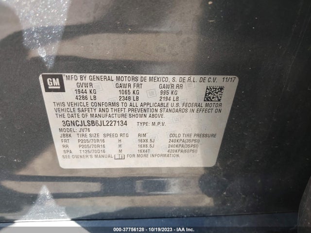 Chevrolet Trax Lt 2018 3GNCJLSB6JL227134 Image 9