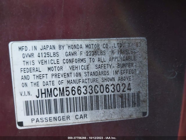 2003 HONDA ACCORD SDN EX VIN: JHMCM56633C063024