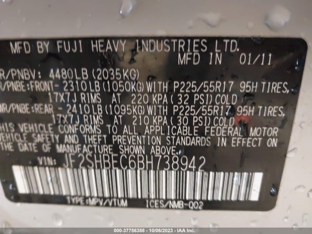 2011 SUBARU FORESTER 2.5X LIMITED VIN: JF2SHBEC6BH738942