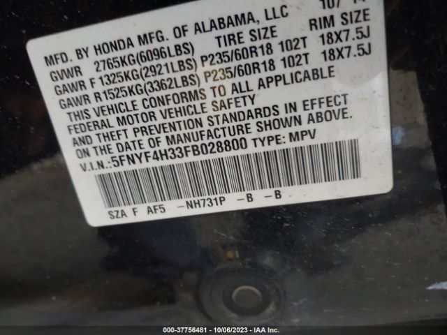 5FNYF4H33FB028800 Honda PILOT SE