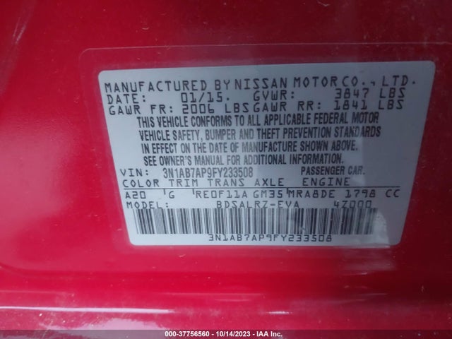 2015 NISSAN SENTRA SR VIN: 3N1AB7AP9FY233508