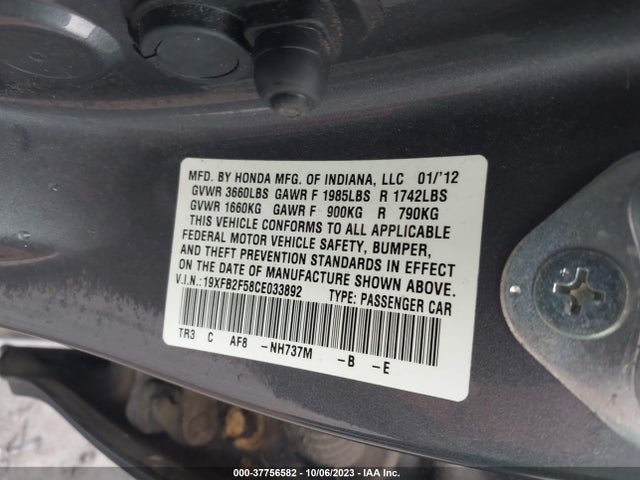 2012 HONDA CIVIC SDN LX VIN: 19XFB2F58CE033892