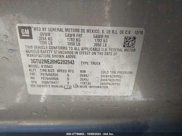 2017 GMC SIERRA 1500 SLT VIN: 3GTU2NEJ8HG282843