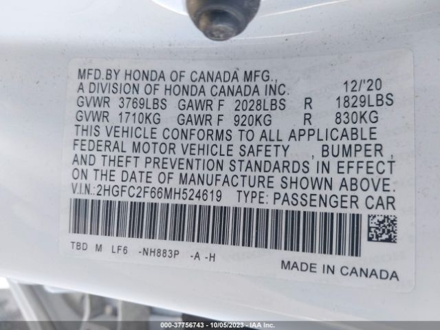 2HGFC2F66MH524619 Honda Civic Sedan Lx
