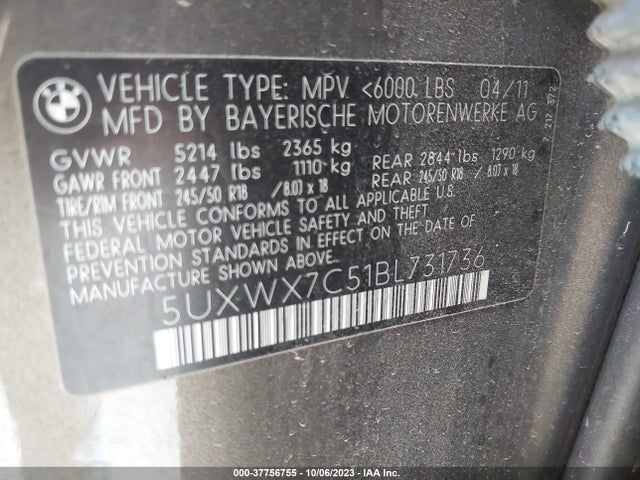 2011 BMW X3 35I VIN: 5UXWX7C51BL731736