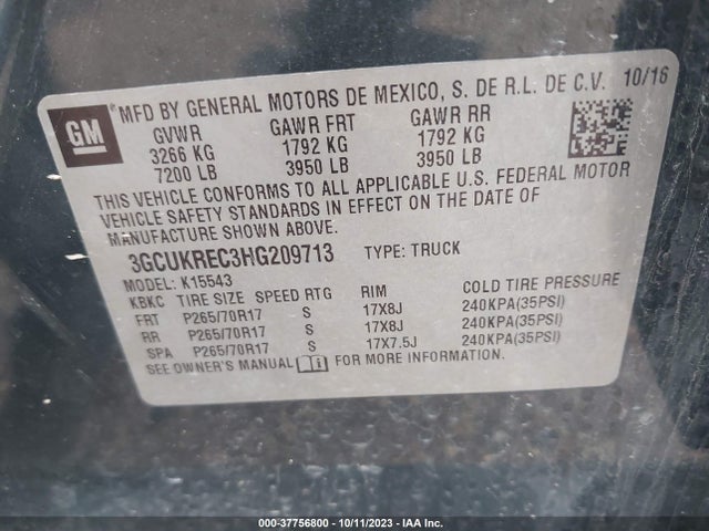 2017 CHEVROLET SILVERADO 1500 LT VIN: 3GCUKREC3HG209713