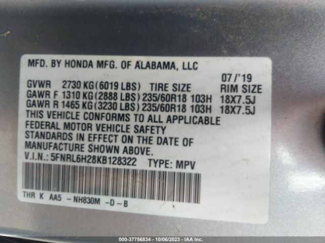 5FNRL6H28KB128322 Honda ODYSSEY LX