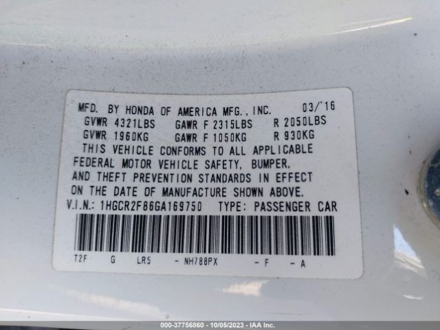 1HGCR2F86GA169750 Honda Accord Sedan Ex-l