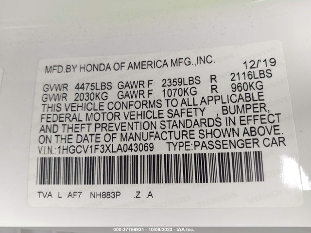 Продажа на аукционе авто 2020 Honda Accord Sedan Sport, vin: 1HGCV1F3XLA043069, номер лота: 37756931