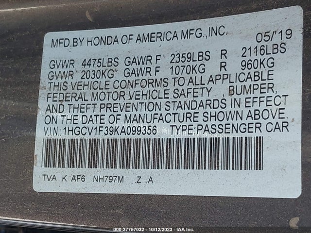 2019 HONDA ACCORD SPORT VIN: 1HGCV1F39KA099356
