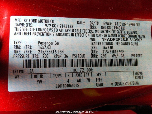 1FADP3F28JL313567 Ford FOCUS SE