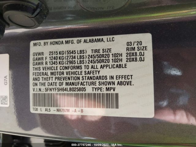 5FNYF5H64LB025805 Honda Pilot Touring 7-passenger