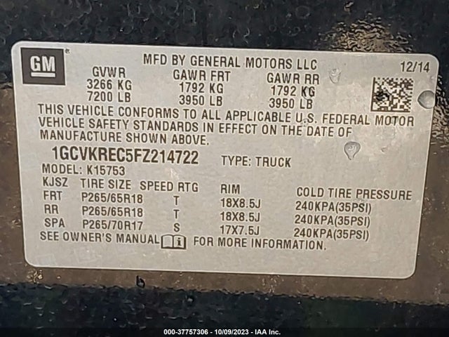 Chevrolet Silverado 1500 Lt 2015 1GCVKREC5FZ214722 Image 9