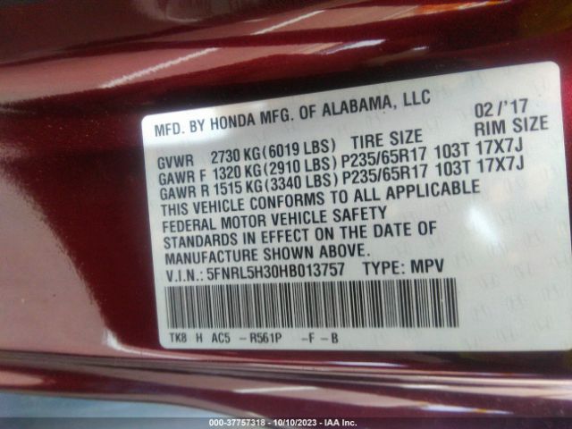 5FNRL5H30HB013757 Honda ODYSSEY SE