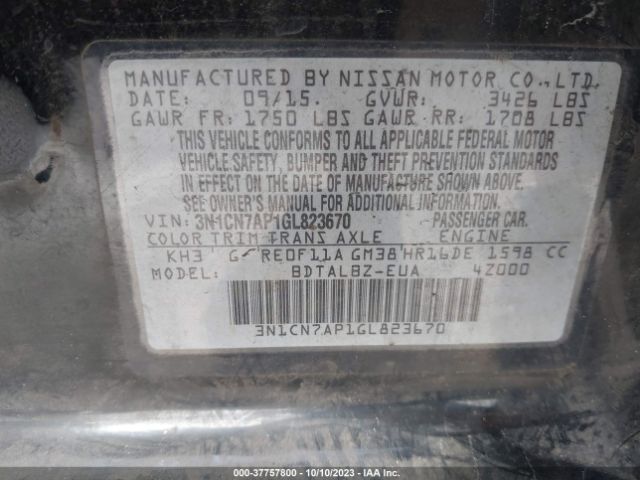 3N1CN7AP1GL823670 Nissan Versa S/s Plus/sl/sv