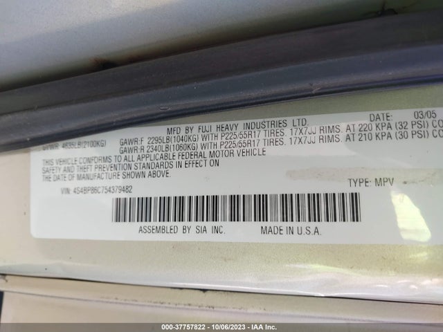 2005 SUBARU LEGACY WAGON (NATL) OUTBACK R L.L. BEAN VIN: 4S4BP86C754379482