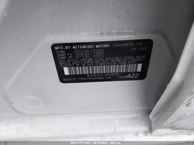 37757843 :رقم المزاد ، ML32A3HJ1JH009039 vin ، 2018 Mitsubishi Mirage Es مزاد بيع