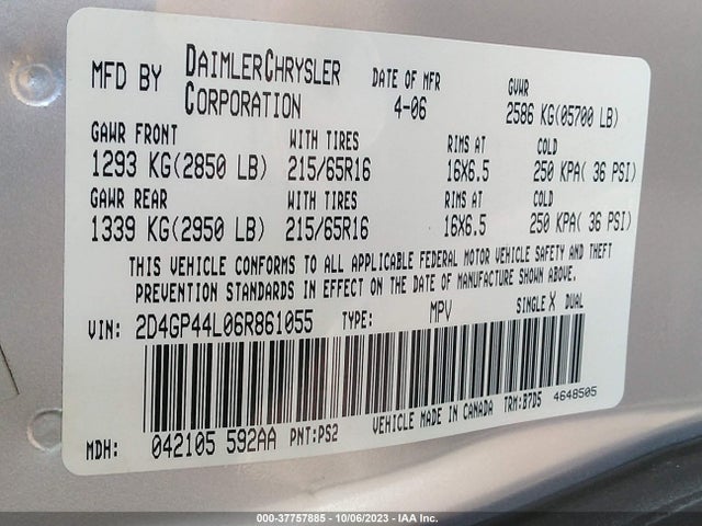 2006 DODGE GRAND CARAVAN SXT VIN: 2D4GP44L06R861055