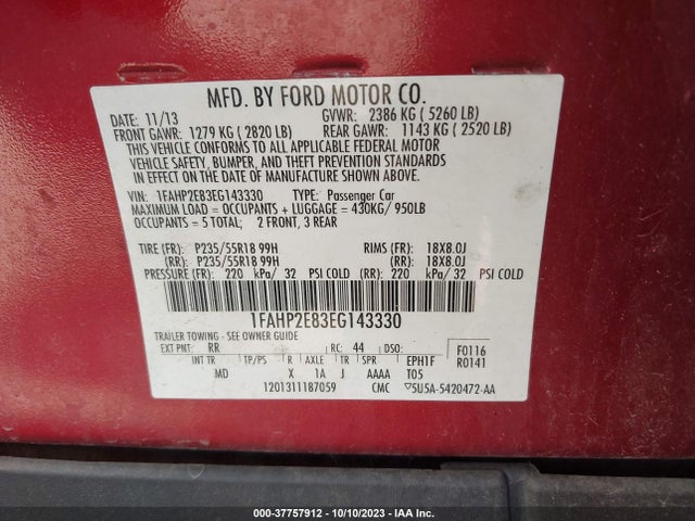 Ford TAURUS SEL 2014 1FAHP2E83EG143330 Image 9