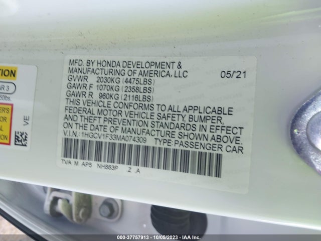 2021 HONDA ACCORD SEDAN SPORT VIN: 1HGCV1F33MA074309