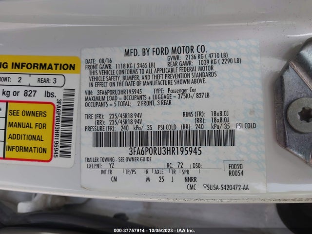 Ford FUSION HYBRID 2017 3FA6P0RU3HR195945 Image 9