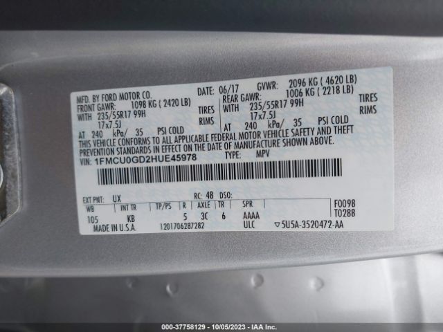 1FMCU0GD2HUE45978 Ford ESCAPE SE