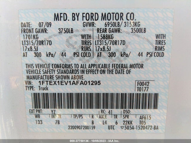 2010 FORD F-150 SVT RAPTOR VIN: 1FTEX1EV1AFA01295