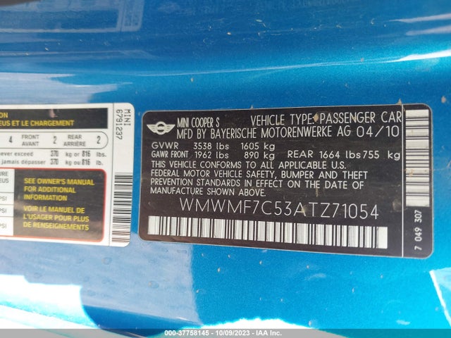 2010 MINI COOPER HARDTOP WMWMF7C53ATZ71054 Photo 8