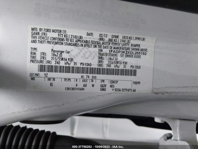 2013 FORD FOCUS SE VIN: 1FADP3K2XDL265192