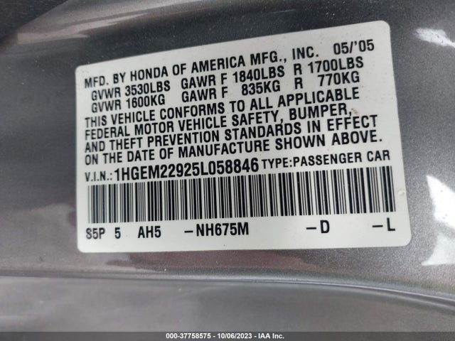 2005 HONDA CIVIC CPE 1HGEM22925L058846 Photo 8