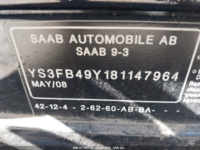 2008 SAAB 9 3 VIN: YS3FB49Y181147964
