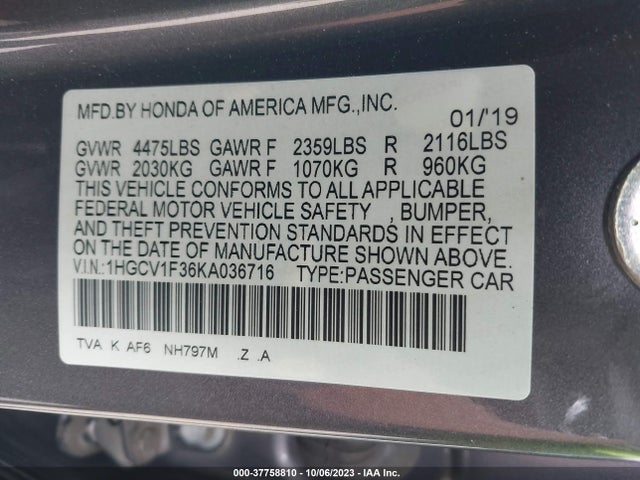 2019 HONDA ACCORD SPORT VIN: 1HGCV1F36KA036716