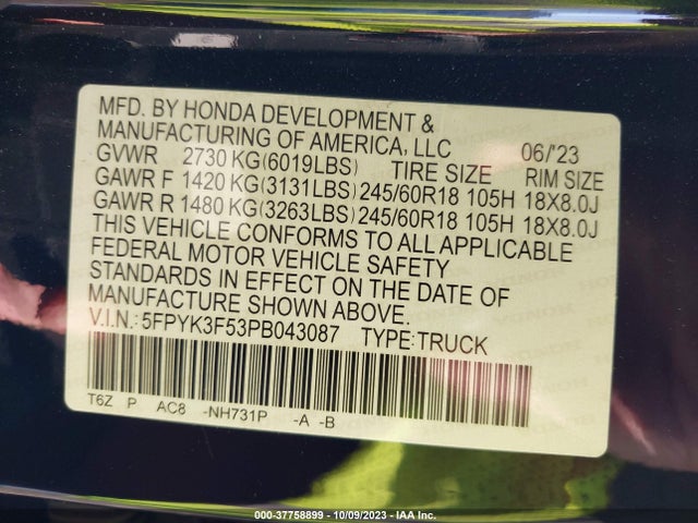 2023 HONDA RIDGELINE RTL VIN: 5FPYK3F53PB043087