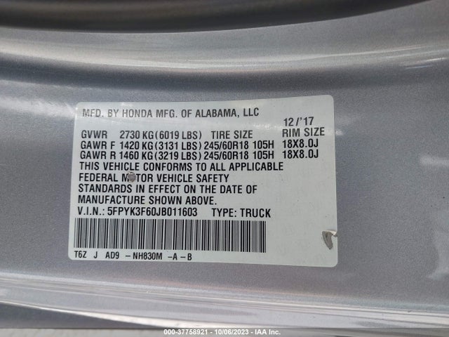 Honda Ridgeline Rtl-t 2018 5FPYK3F60JB011603 Image 9