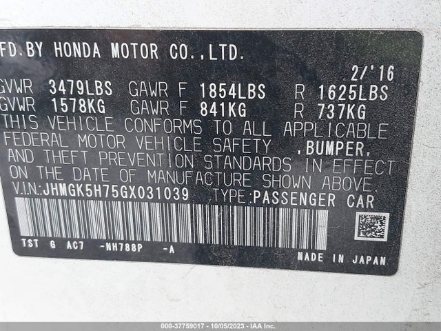 Honda FIT EX 2016 JHMGK5H75GX031039 Image 9