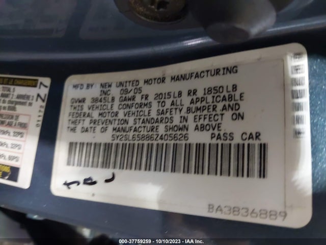2006 PONTIAC VIBE VIN: 5Y2SL65886Z405626