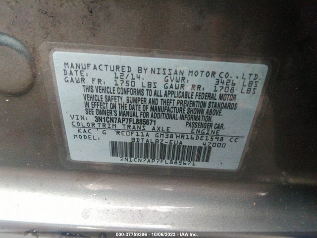 2015 NISSAN VERSA SV VIN: 3N1CN7AP7FL885671