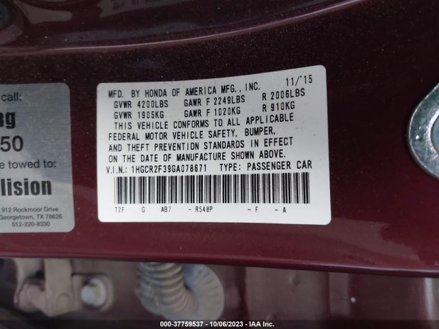 2016 HONDA ACCORD SEDAN LX VIN: 1HGCR2F39GA078671