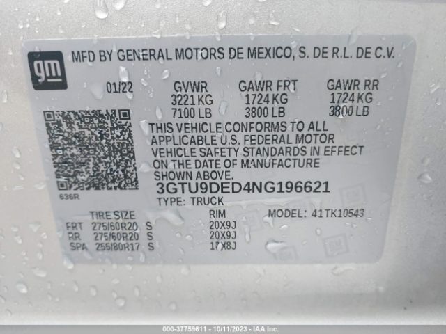 3GTU9DED4NG196621 GMC Sierra 1500 Limited Slt