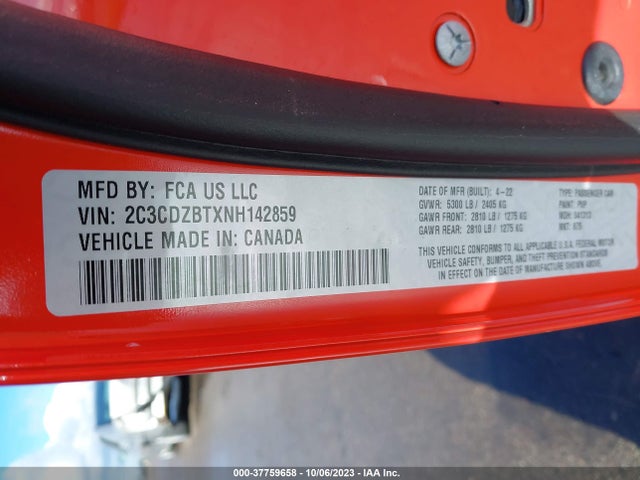 2022 DODGE CHALLENGER R/T VIN: 2C3CDZBTXNH142859